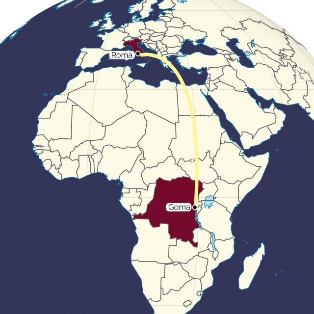 In vogelvlucht ligt er meer dan 5000 km tussen Rome en Goma.